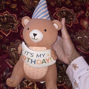 Pillowfort Brown Bear Plush Birthday Toy with Blue Striped Hat